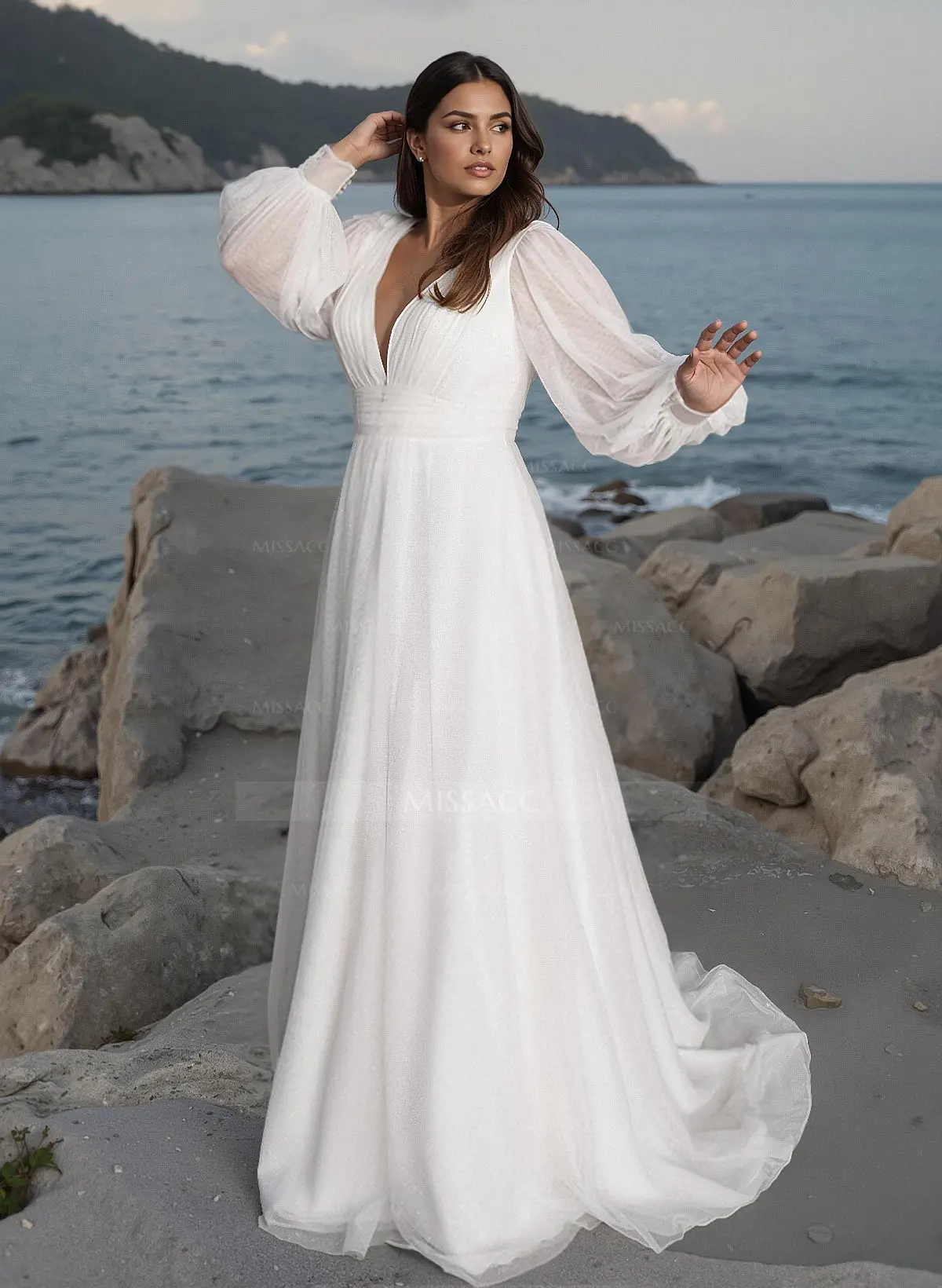 navy blue dress for baby girl Boho Curve A-Line Long Sleeves Tulle Wedding Dresses With V-Neck