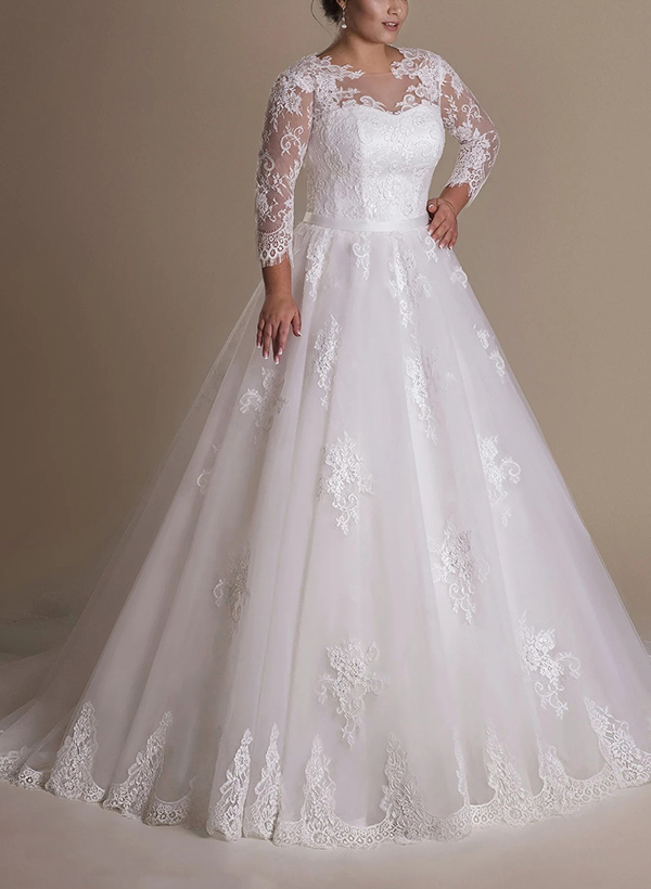 Plus Size Ball-Gown Illusion Neck Tulle Wedding Dresses With Appliques Lace Sleeves
