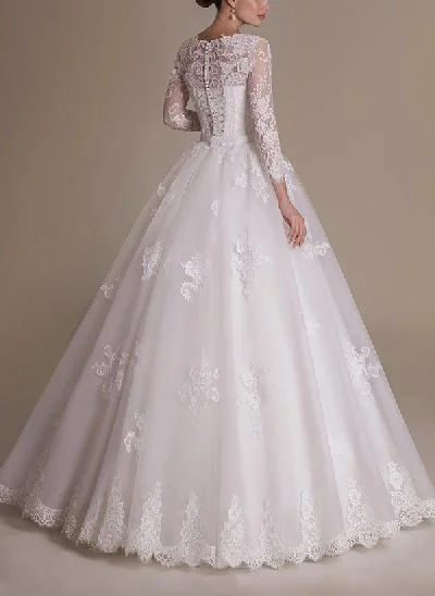 Plus Size Ball-Gown Illusion Neck Tulle Wedding Dresses With Appliques Lace Sleeves
