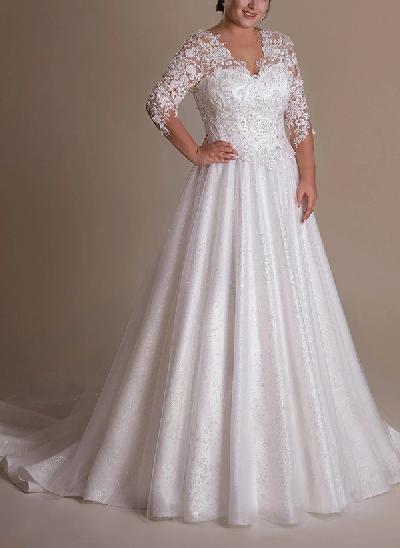 Curve Elegant Ball Gown V-Neck Sleeves Wedding Dresses With Appliques Lace
