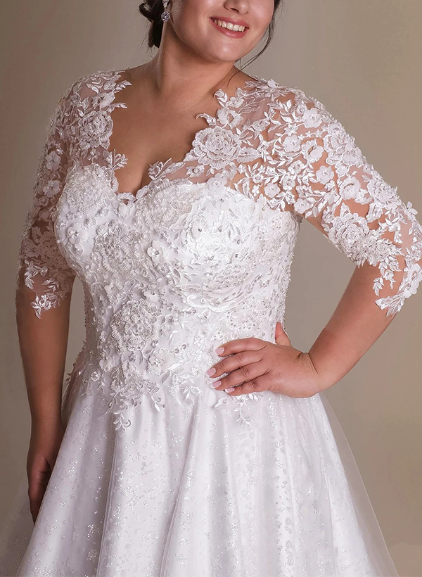 Curve Elegant Ball Gown V-Neck Sleeves Wedding Dresses With Appliques Lace