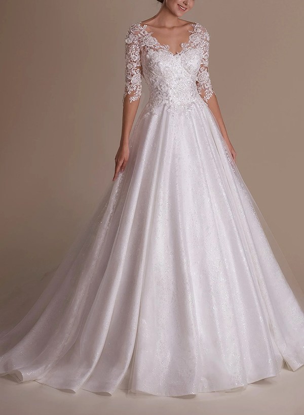 Curve Elegant Ball Gown V-Neck Sleeves Wedding Dresses With Appliques Lace