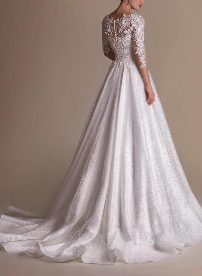 Curve Elegant Ball Gown V-Neck Sleeves Wedding Dresses With Appliques Lace