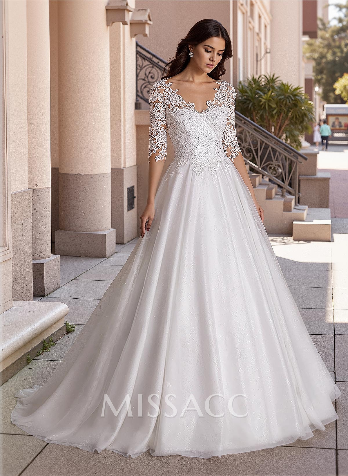 Curve Elegant Ball Gown V-Neck Sleeves Wedding Dresses With Appliques Lace