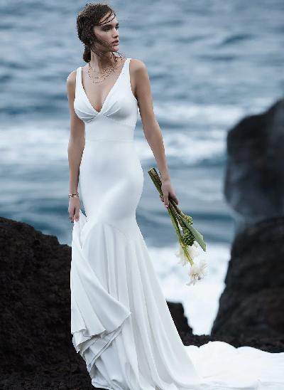 Simple Trumpet/Mermaid V-Neck Wedding Dresses With Covered Button