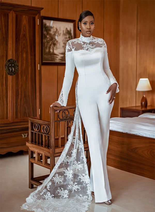 Illusion Neck Long Sleeves Floor-Length Wedding Dresses With Lace