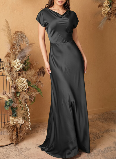 Sheath/Column Cowl Neck Short Sleeves Silk Like Satin Bridesmaid Dresses