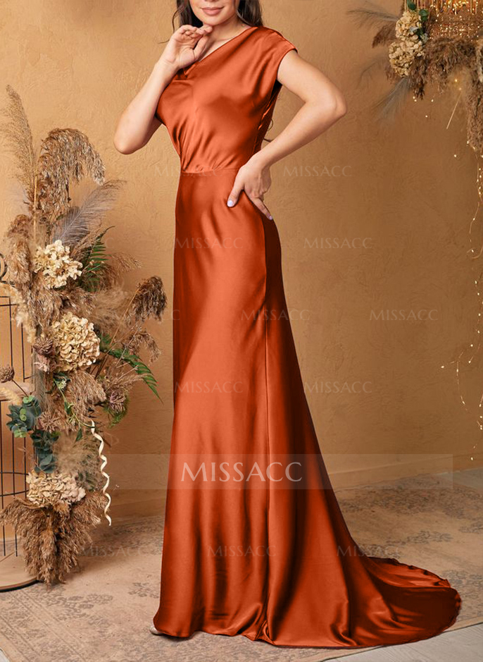 Sheath/Column Cowl Neck Short Sleeves Silk Like Satin Bridesmaid Dresses