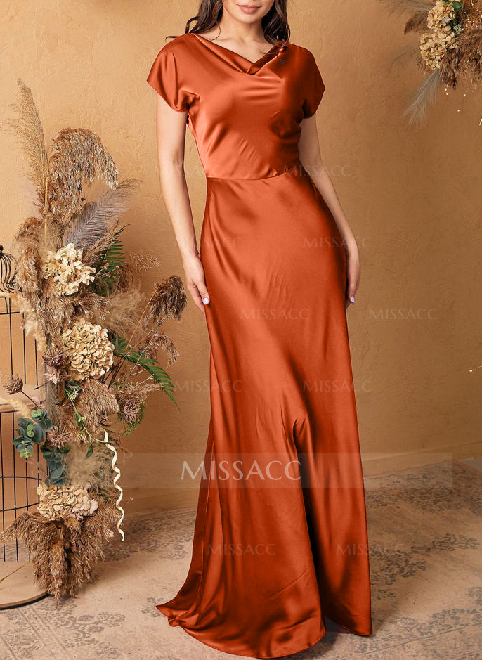 Sheath/Column Cowl Neck Short Sleeves Silk Like Satin Bridesmaid Dresses