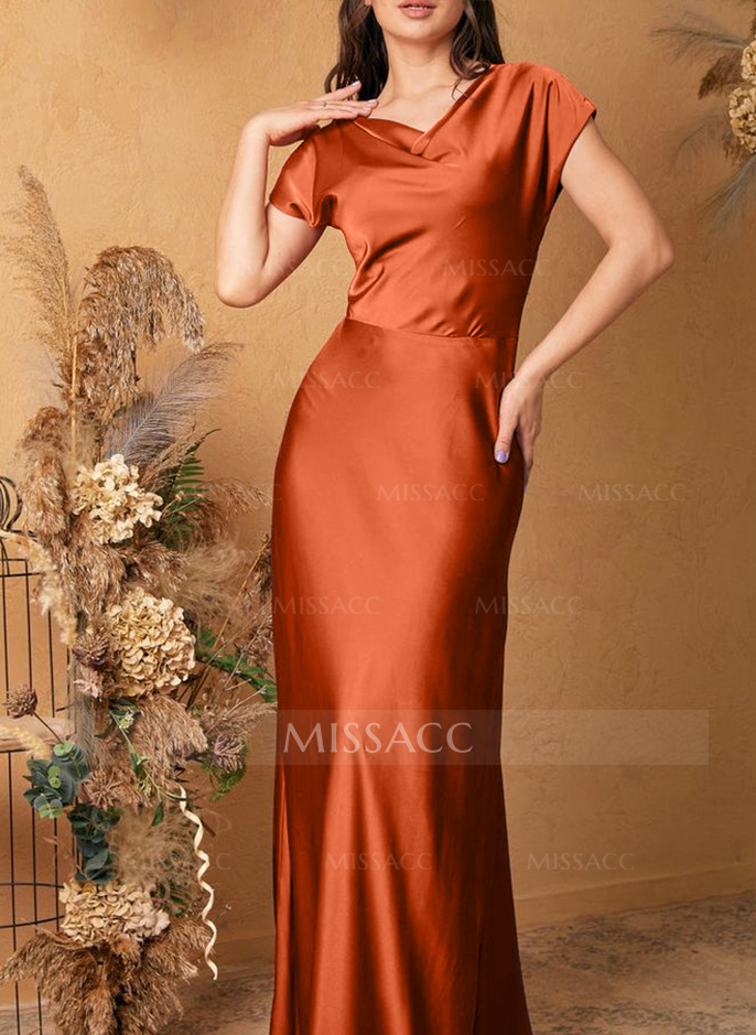 Sheath/Column Cowl Neck Short Sleeves Silk Like Satin Bridesmaid Dresses