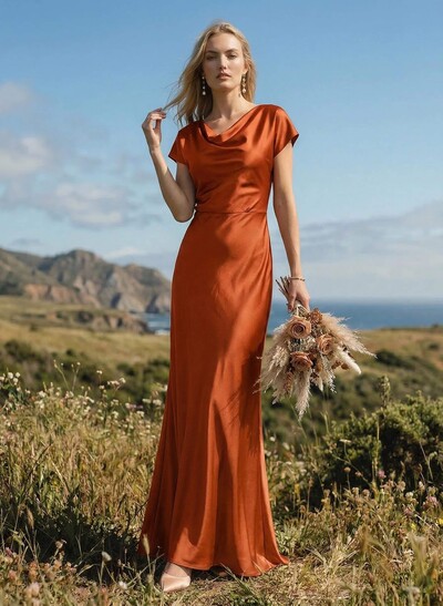 Sheath/Column Cowl Neck Short Sleeves Silk Like Satin Bridesmaid Dresses