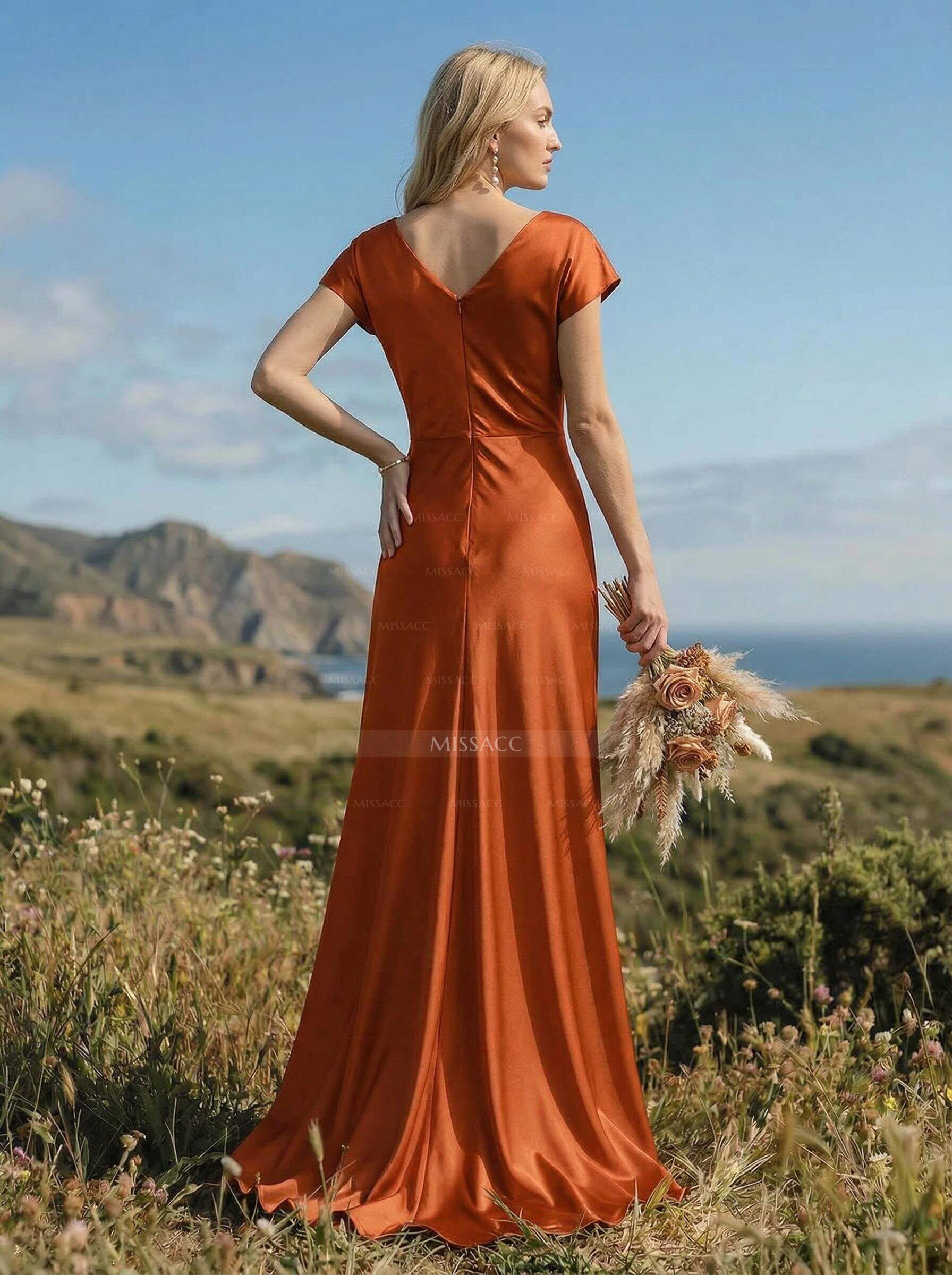 Sheath/Column Cowl Neck Short Sleeves Silk Like Satin Bridesmaid Dresses