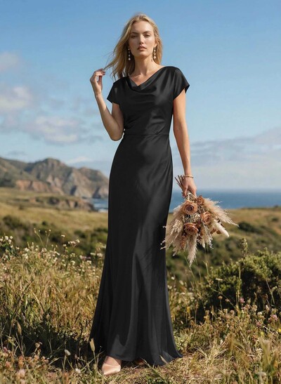 Sheath/Column Cowl Neck Short Sleeves Silk Like Satin Bridesmaid Dresses