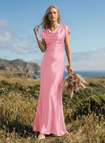 Sheath/Column Cowl Neck Short Sleeves Silk Like Satin Bridesmaid Dresses