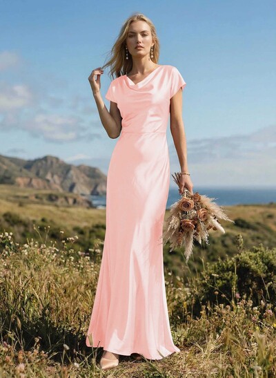 Sheath/Column Cowl Neck Short Sleeves Silk Like Satin Bridesmaid Dresses