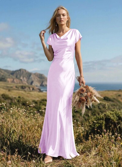 Sheath/Column Cowl Neck Short Sleeves Silk Like Satin Bridesmaid Dresses