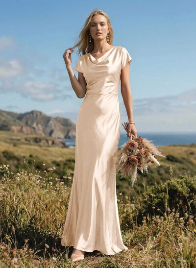Sheath/Column Cowl Neck Short Sleeves Silk Like Satin Bridesmaid Dresses