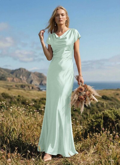 Sheath/Column Cowl Neck Short Sleeves Silk Like Satin Bridesmaid Dresses