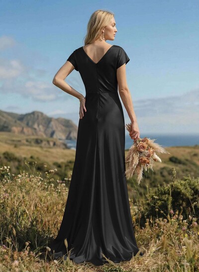 Sheath/Column Cowl Neck Short Sleeves Silk Like Satin Bridesmaid Dresses