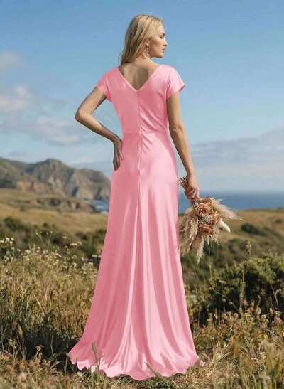 Sheath/Column Cowl Neck Short Sleeves Silk Like Satin Bridesmaid Dresses