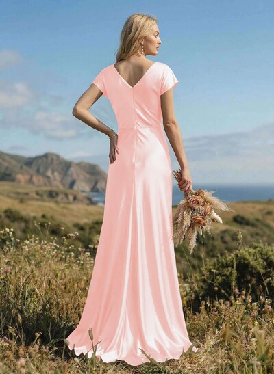 Sheath/Column Cowl Neck Short Sleeves Silk Like Satin Bridesmaid Dresses