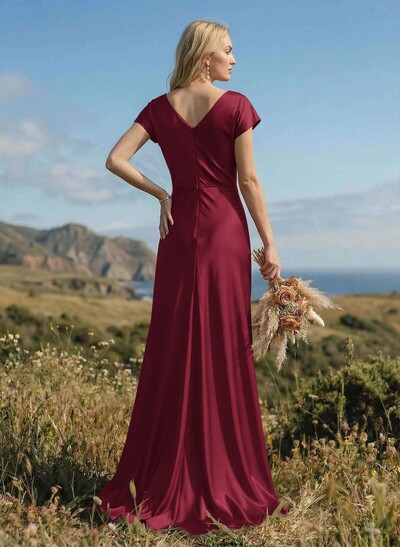 Sheath/Column Cowl Neck Short Sleeves Silk Like Satin Bridesmaid Dresses