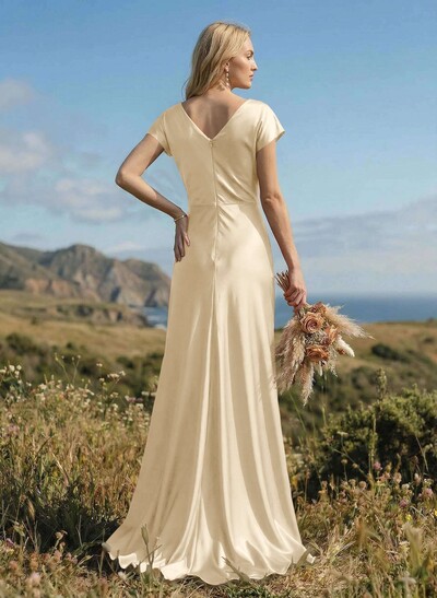 Sheath/Column Cowl Neck Short Sleeves Silk Like Satin Bridesmaid Dresses
