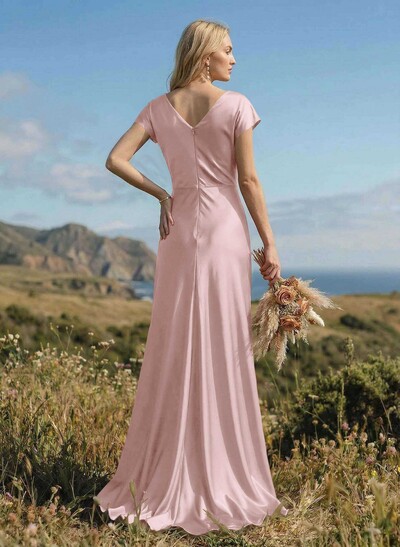 Sheath/Column Cowl Neck Short Sleeves Silk Like Satin Bridesmaid Dresses