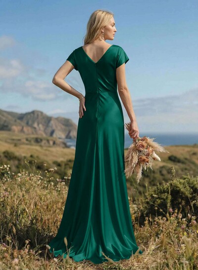 Sheath/Column Cowl Neck Short Sleeves Silk Like Satin Bridesmaid Dresses