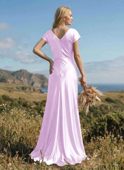 Sheath/Column Cowl Neck Short Sleeves Silk Like Satin Bridesmaid Dresses