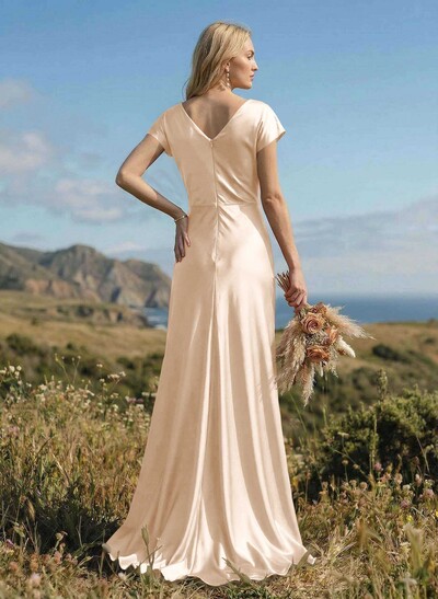 Sheath/Column Cowl Neck Short Sleeves Silk Like Satin Bridesmaid Dresses