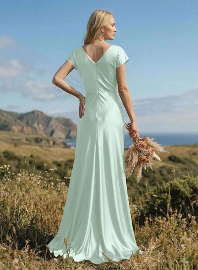 Sheath/Column Cowl Neck Short Sleeves Silk Like Satin Bridesmaid Dresses