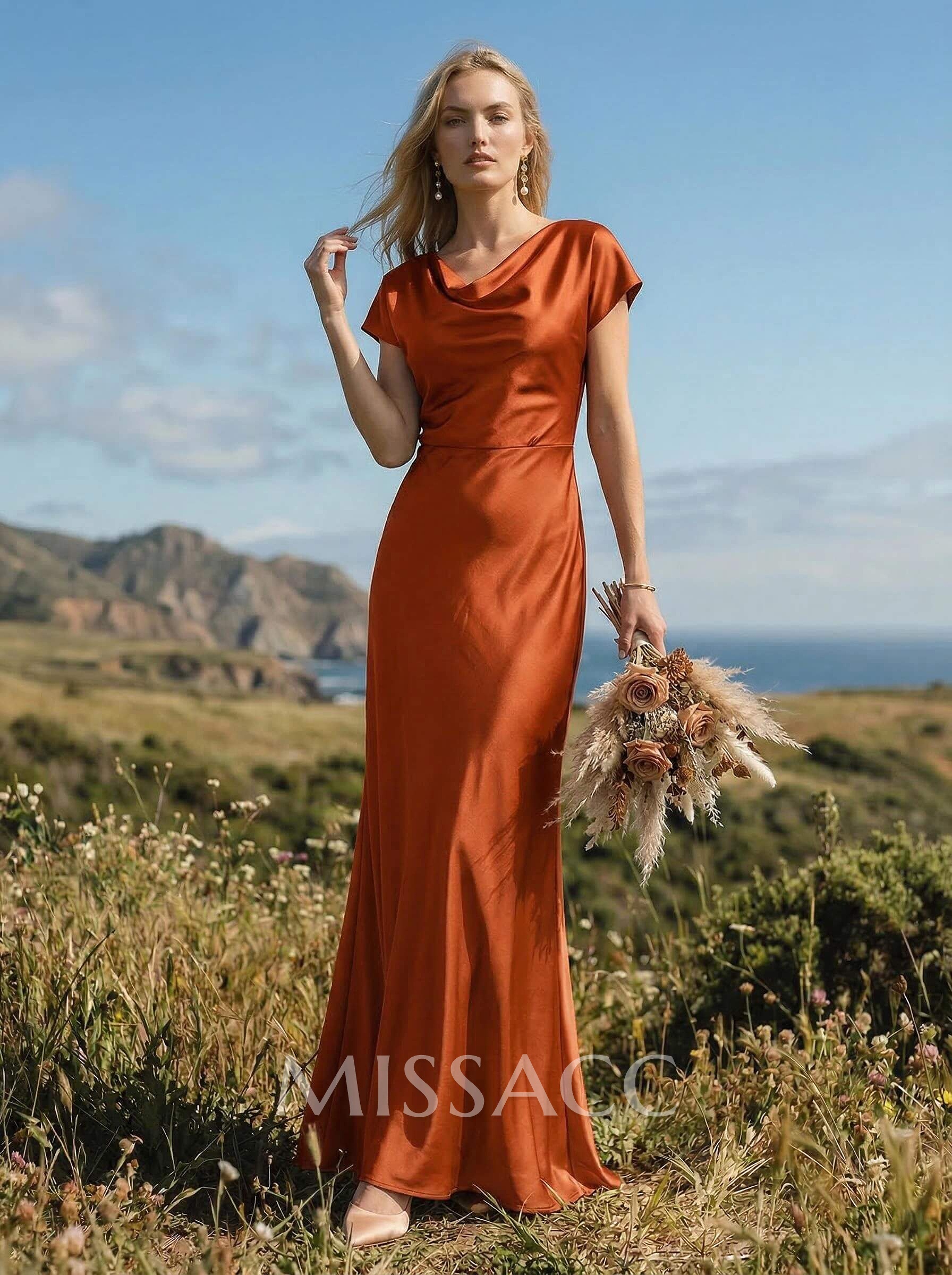 Sheath/Column Cowl Neck Short Sleeves Silk Like Satin Bridesmaid Dresses Sheath/Column Cowl Neck Short Sleeves Silk Like Satin Bridesmaid Dresses