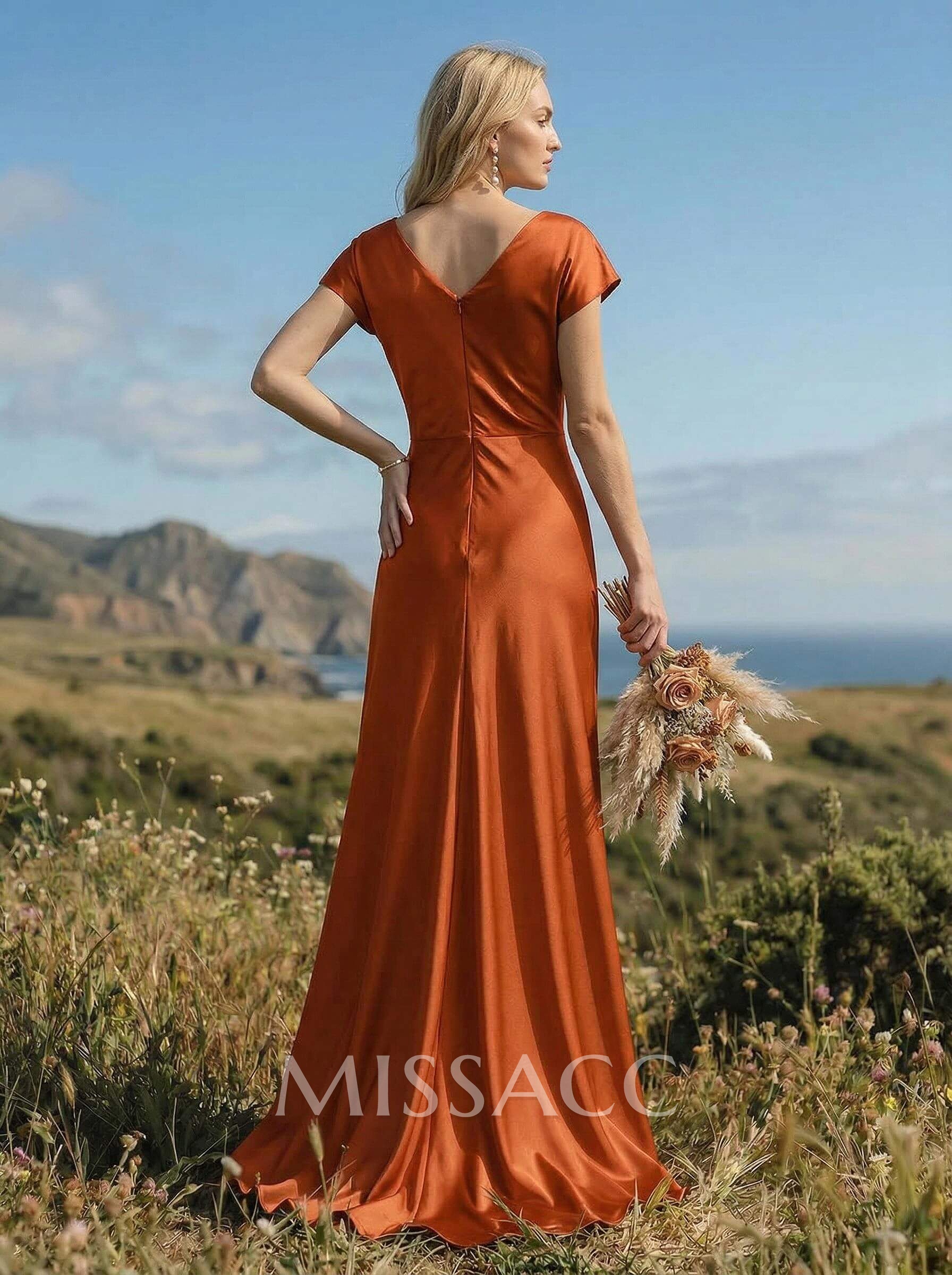 Sheath/Column Cowl Neck Short Sleeves Silk Like Satin Bridesmaid Dresses Sheath/Column Cowl Neck Short Sleeves Silk Like Satin Bridesmaid Dresses