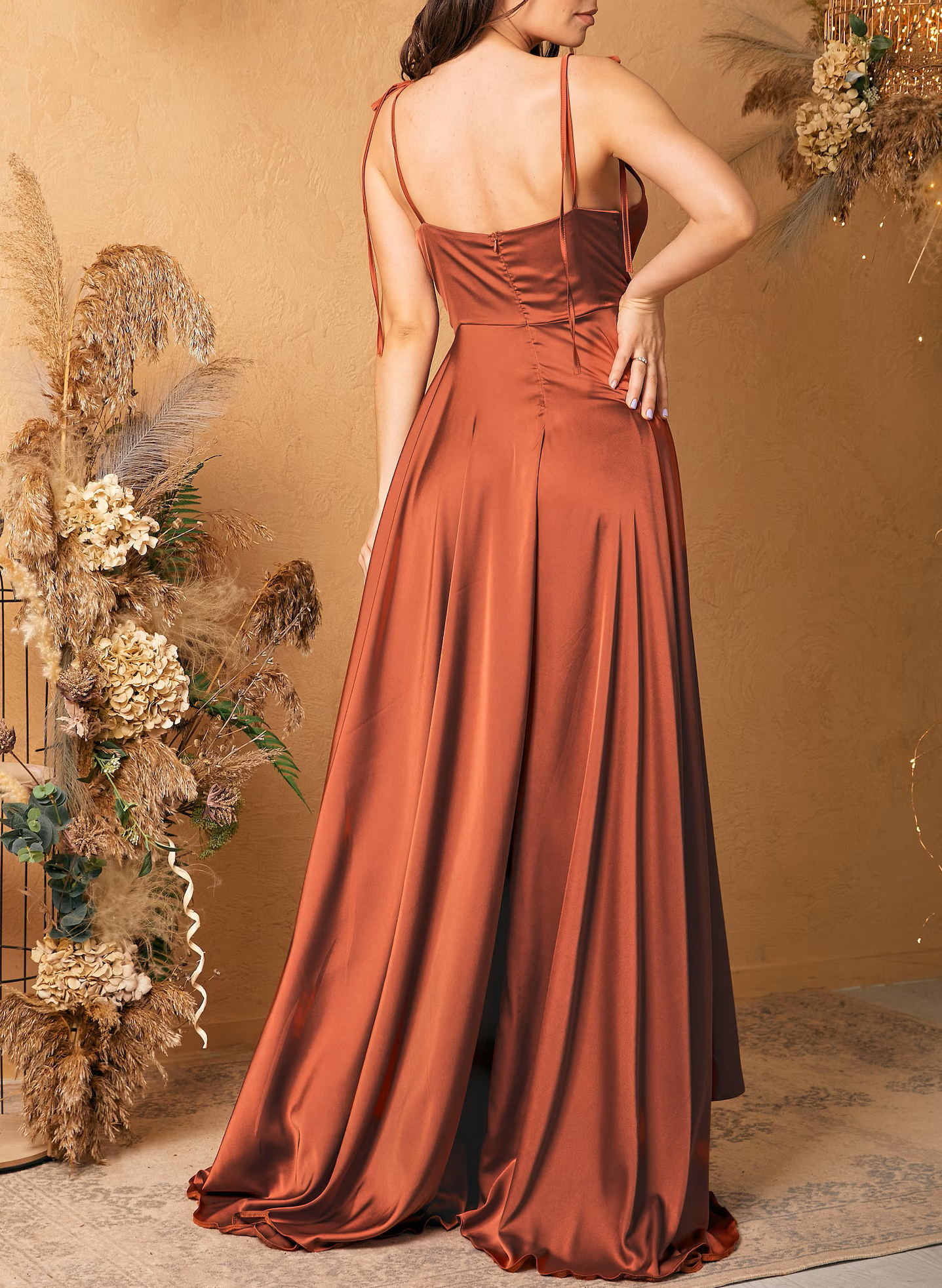 Satin A-Line Slit Bridesmaid Dresses With Spaghetti Straps