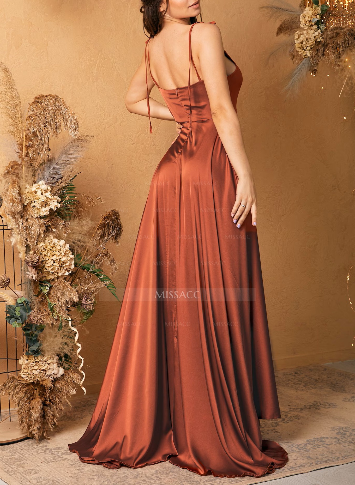 Silk Like Satin A-Line Slit Bridesmaid Dresses With Spaghetti Straps