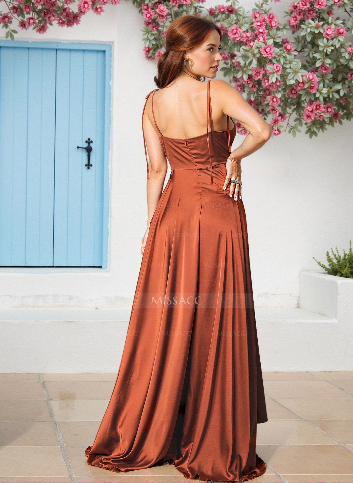 Silk Like Satin A-Line Slit Bridesmaid Dresses With Spaghetti Straps