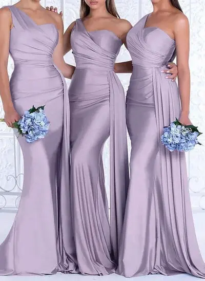 purple and grey bridesmaid dresses Lilac Ruched One Shoulder Chiffon Floor Length Bridesmaid Prom Dress