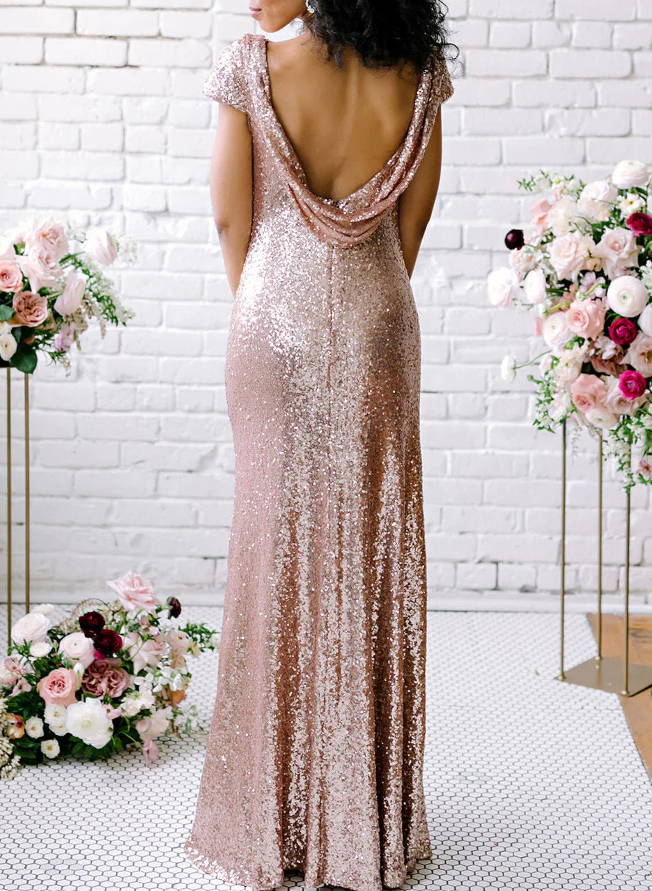 Rose Gold Sequined Elegant Sheath/Column Bridesmaid Dresses With Short Sleeves