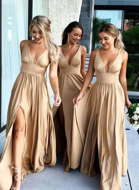 Champagne Long A-Line V-Neck Slit Bridesmaid Dresses With Elastic Satin