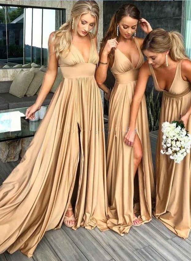 A-Line V-Neck Sleeveless Sweep Train Jersey Bridesmaid Dresses With Split Front