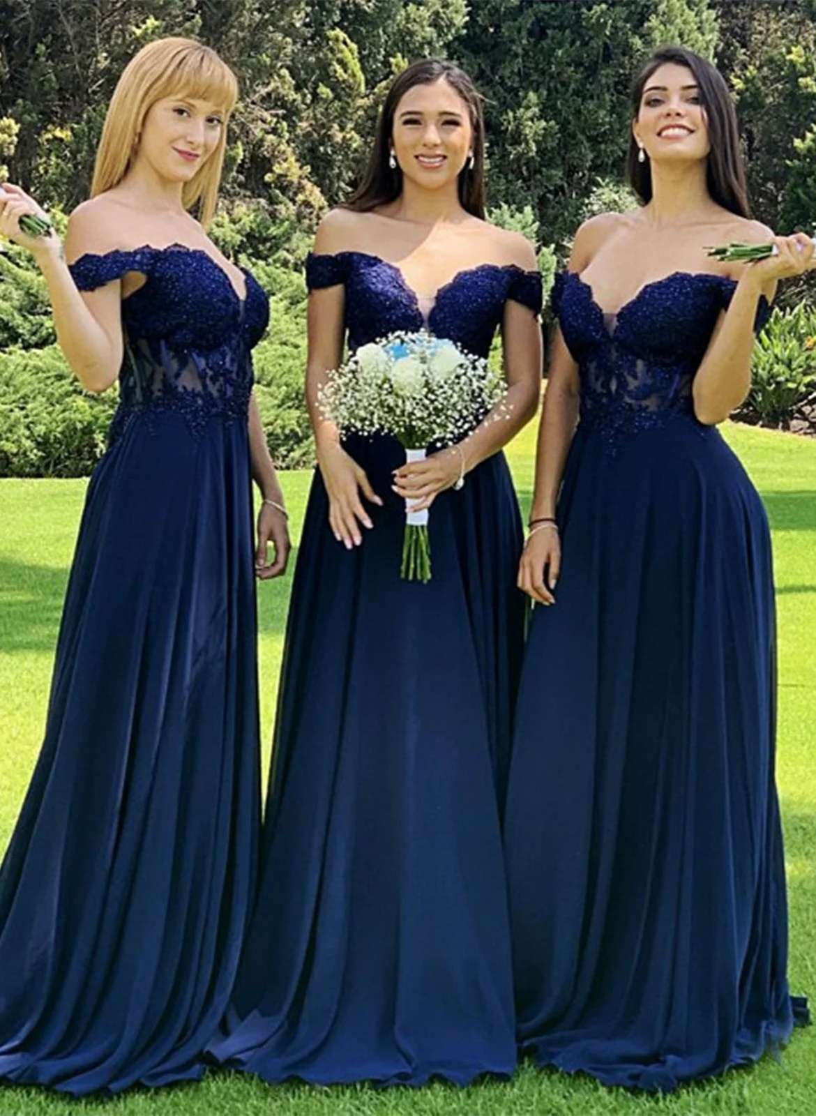 Lace Off-The-Shoulder A-Line Navy Bridesmaid Dresses With Beading