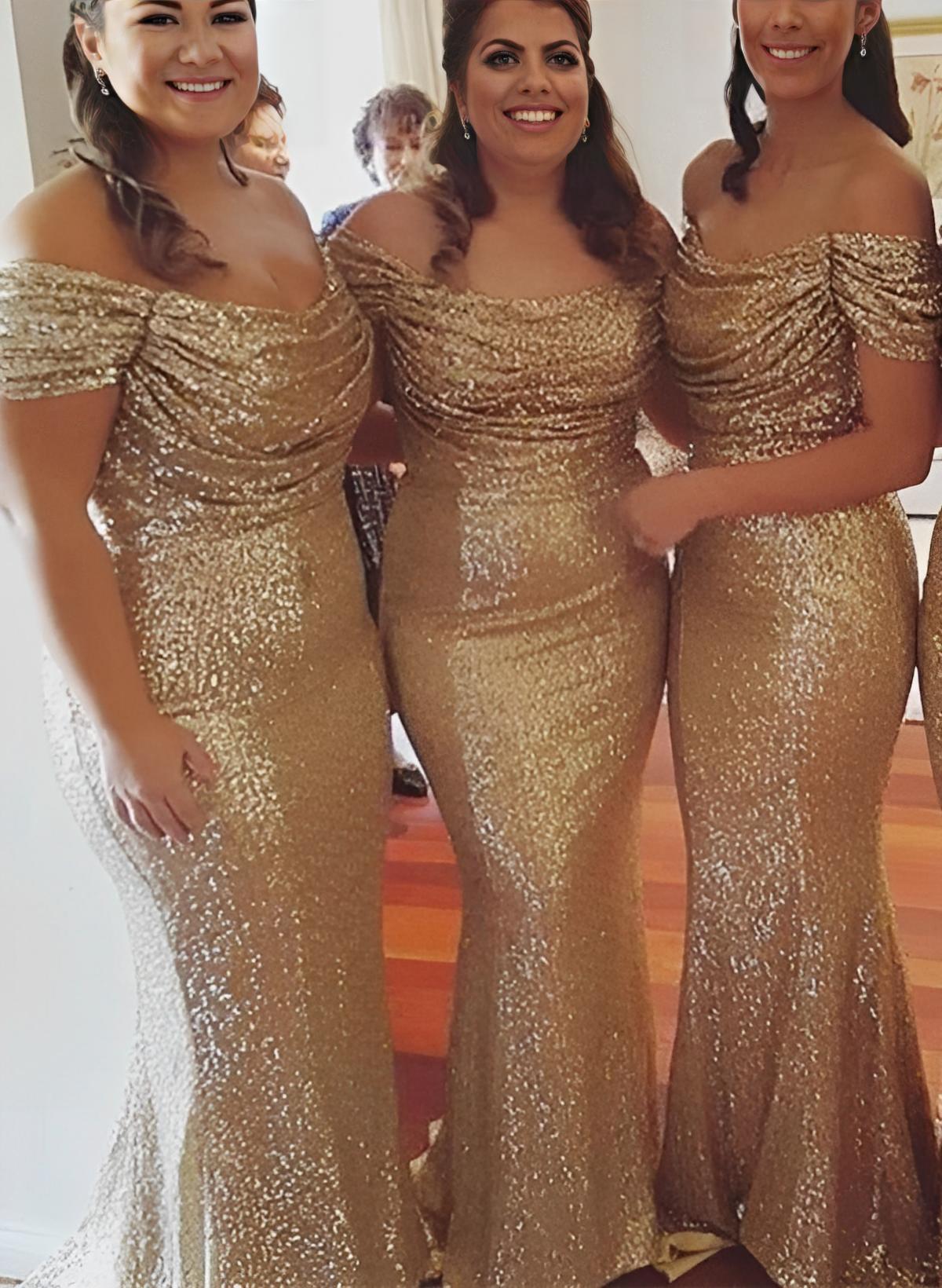 Gold Sequined Off-The-Shoulder Trumpet/Mermaid Bridesmaid Dresses With Ruffle