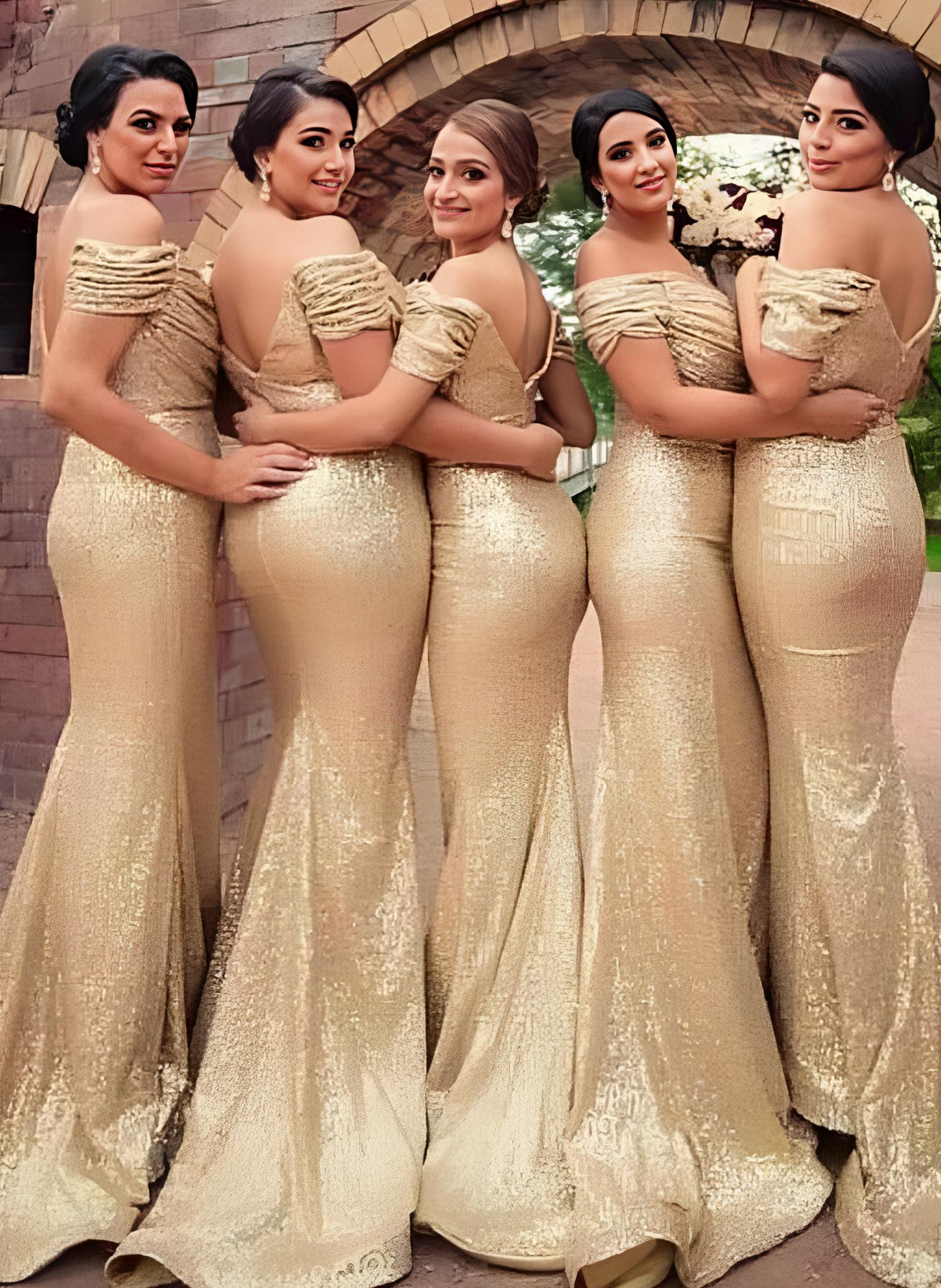 Gold Sequined Off-The-Shoulder Trumpet/Mermaid Bridesmaid Dresses With Ruffle
