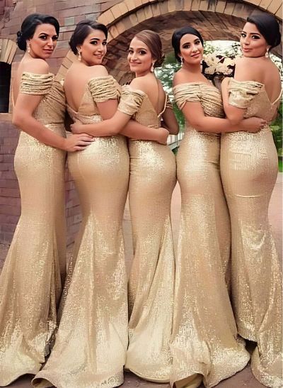 Gold Sequined Off-The-Shoulder Trumpet/Mermaid Bridesmaid Dresses With Ruffle