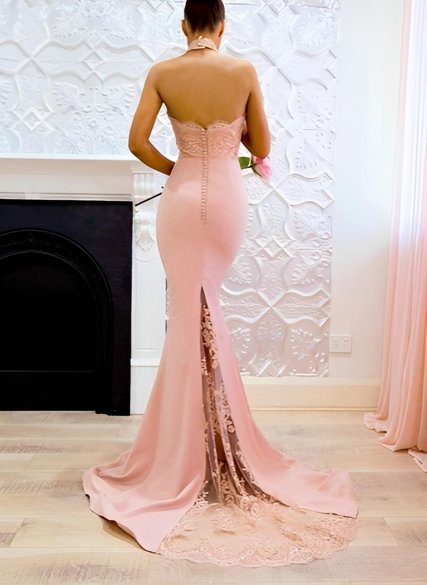 Lace Mermaid Halter Open Back Bridesmaid Dresses With Elastic Satin