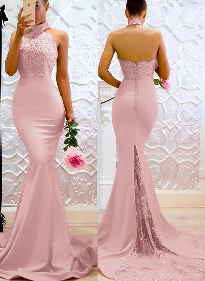 Lace Mermaid Halter Open Back Bridesmaid Dresses With Elastic Satin