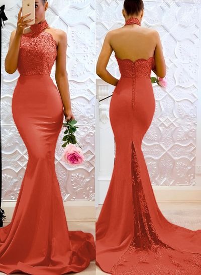 Lace Mermaid Halter Open Back Bridesmaid Dresses With Elastic Satin