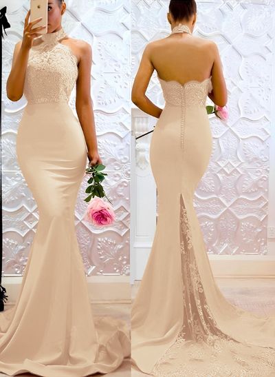 Lace Mermaid Halter Open Back Bridesmaid Dresses With Elastic Satin