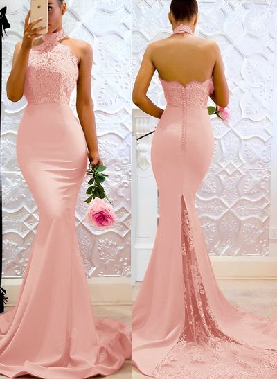 Lace Mermaid Halter Open Back Bridesmaid Dresses With Elastic Satin
